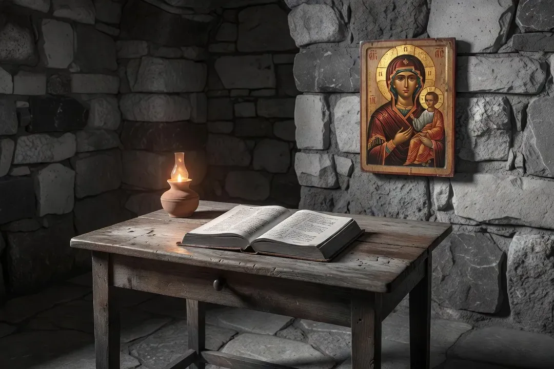 Moine orthodoxe russe écrivant une icône dans un atelier monastique, peinture à l'œuf, fonds dorés, outils de précision