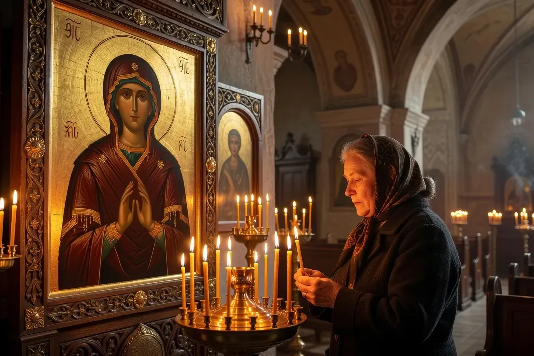 Visiteur observant respectueusement les icônes dans une église orthodoxe russe en France, lumière de cierges, ambiance contemplative
