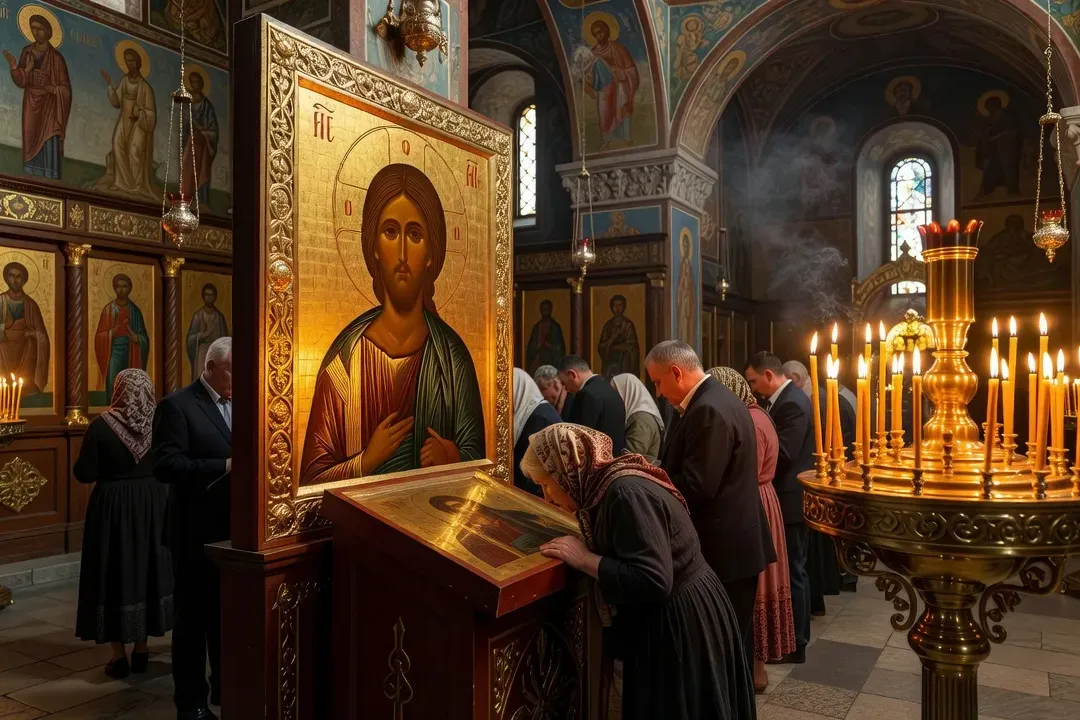 Fidèle vénérant une icône dans une église orthodoxe russe, baiser de l'icône du Christ, lumière de cierges, tradition dévotionnelle