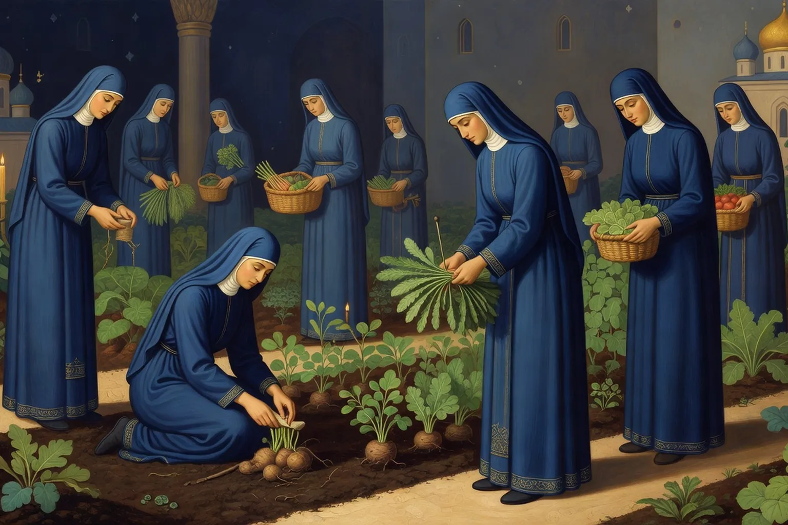 Cour intérieure d'un monastère orthodoxe russe de femmes avec moniales en habit