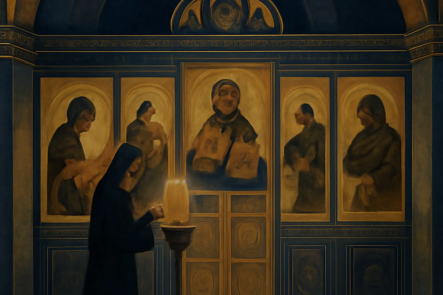 Moniale orthodoxe russe peignant une icône dans un atelier monastique
