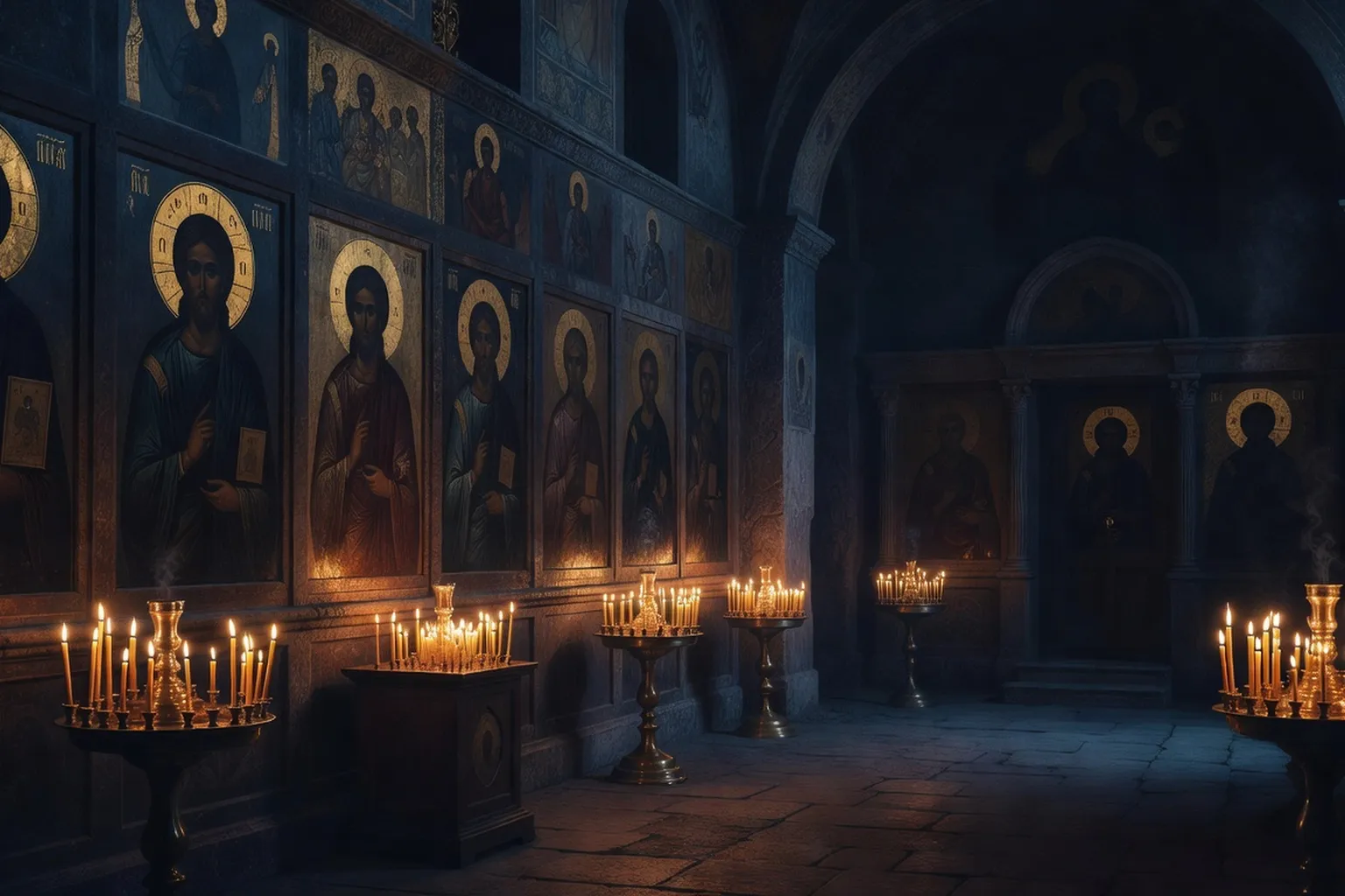 Intérieur d'une église orthodoxe russe — icônes et lumières de cierges