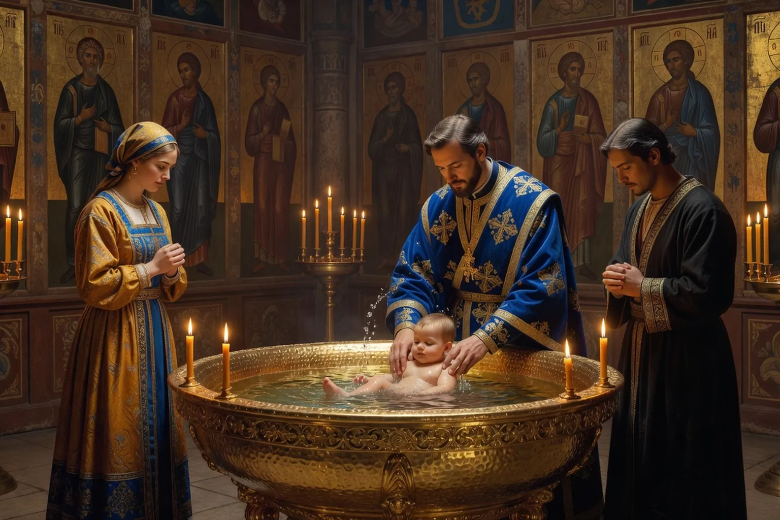 Immersion triple d'un adulte dans la cuve baptismale d'une église orthodoxe russe