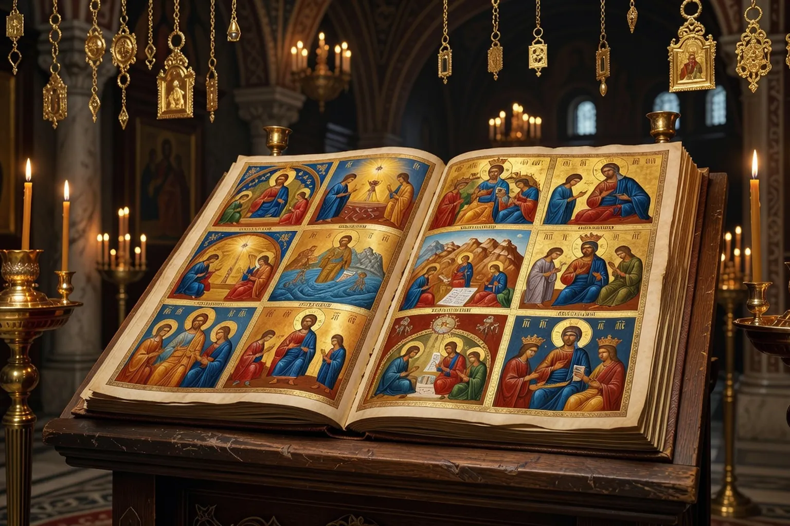 Calendrier liturgique orthodoxe russe ouvert sur un pupitre en bois avec cierge allumé