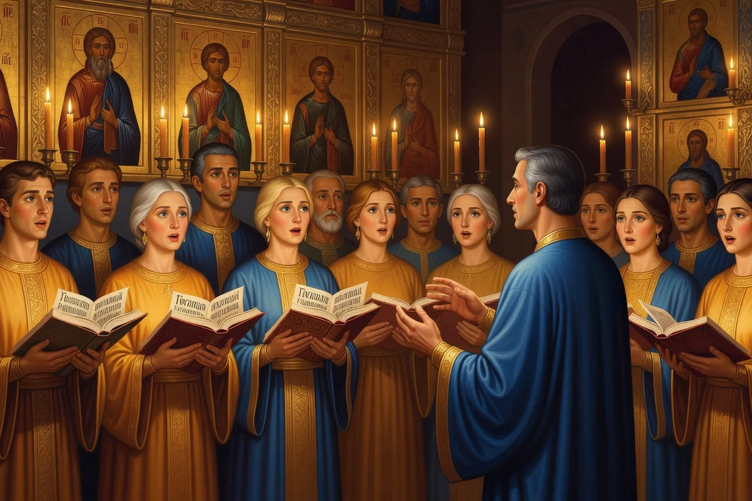 Chœur en habits liturgiques dirigeant la Divine Liturgie dans une église orthodoxe russe en France