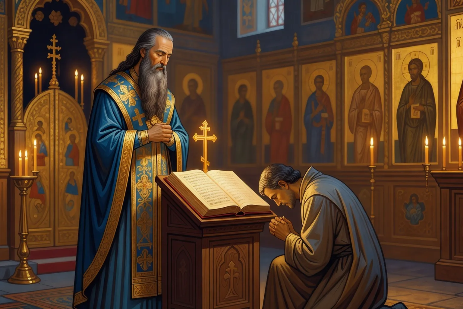 Fidèle orthodoxe russe en prière devant une icône du Christ avant la confession