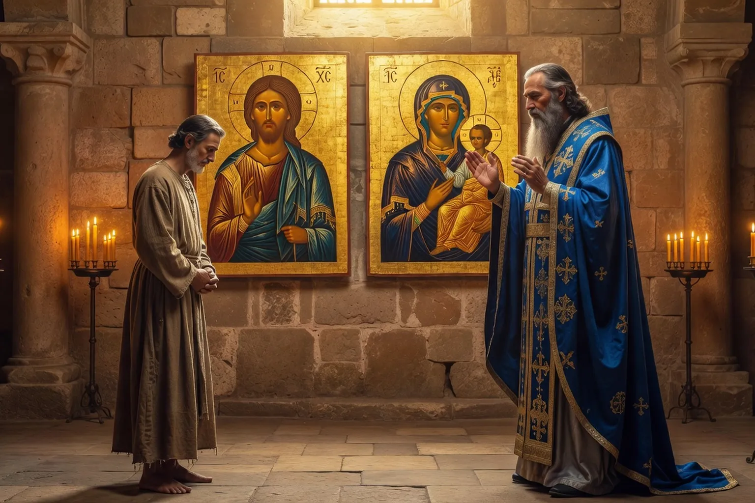 Père Théodore en habit liturgique expliquant les icônes à des catéchumènes dans une église orthodoxe russe