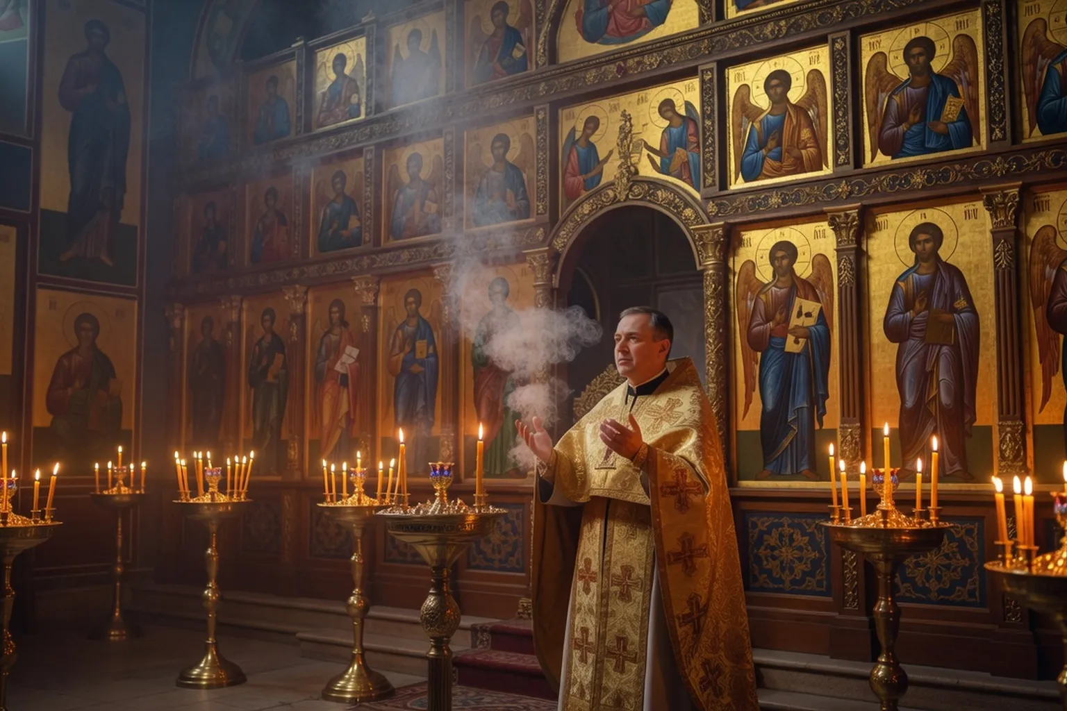 Prêtre et diacre préparant l’Agneau et les parcelles lors de la prothésis en église orthodoxe russe