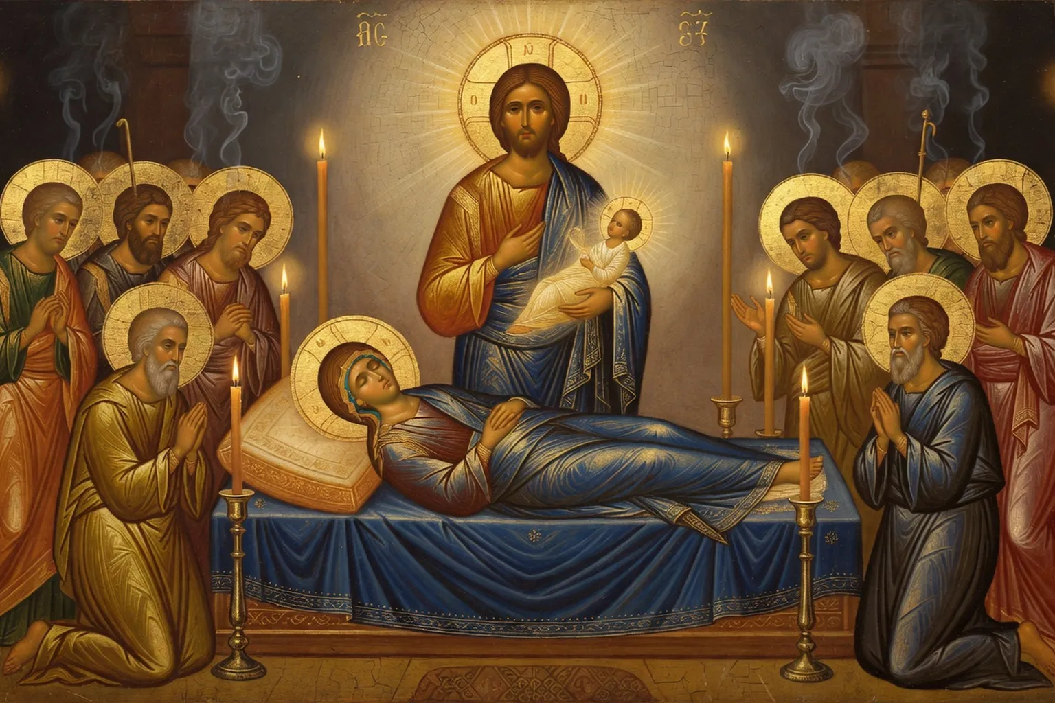 Icône de la Dormition de la Mère de Dieu exposée sur l’autel d’une église orthodoxe russe en France