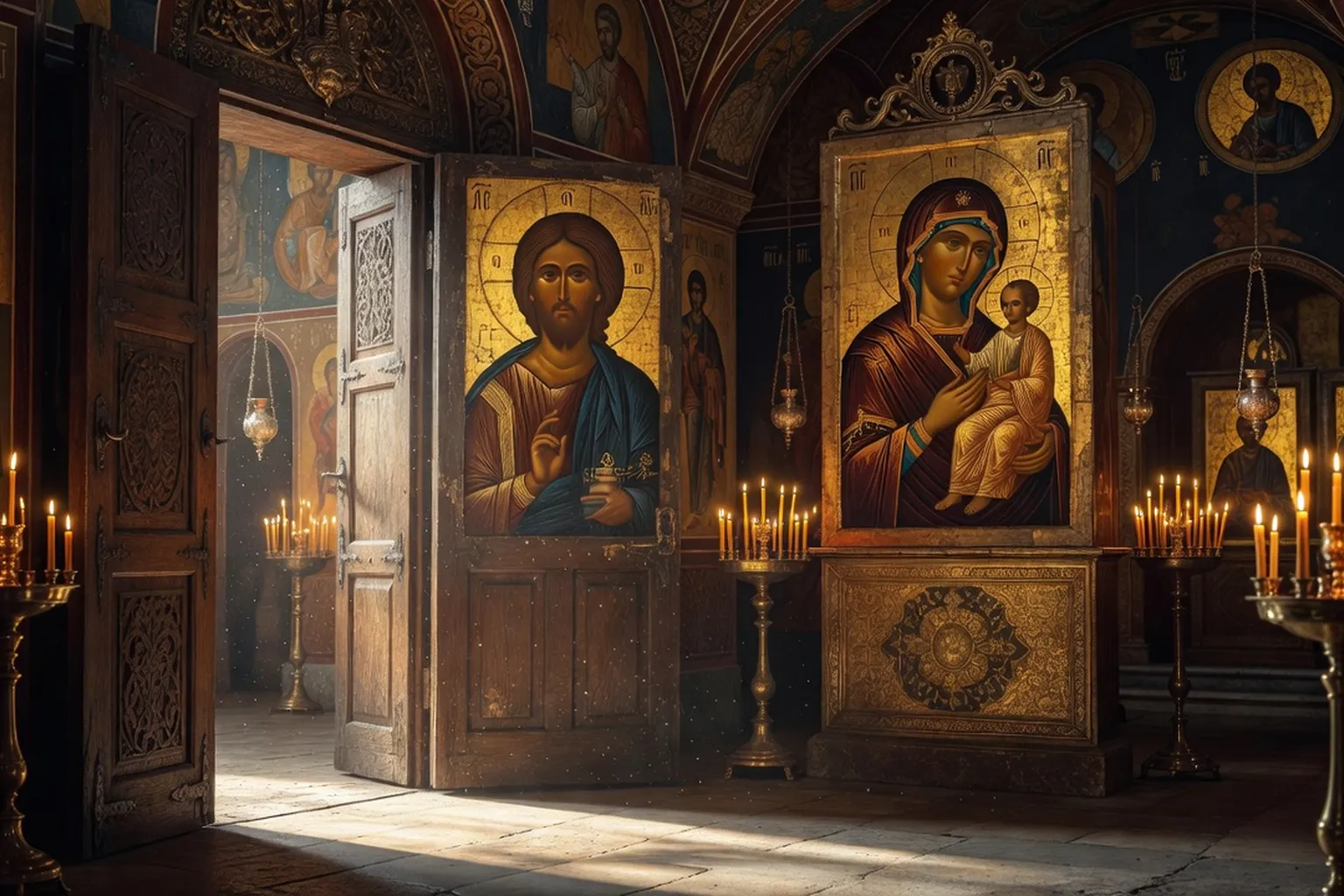 Fidèles en prostration devant l'iconostase durant la Divine Liturgie à Paris