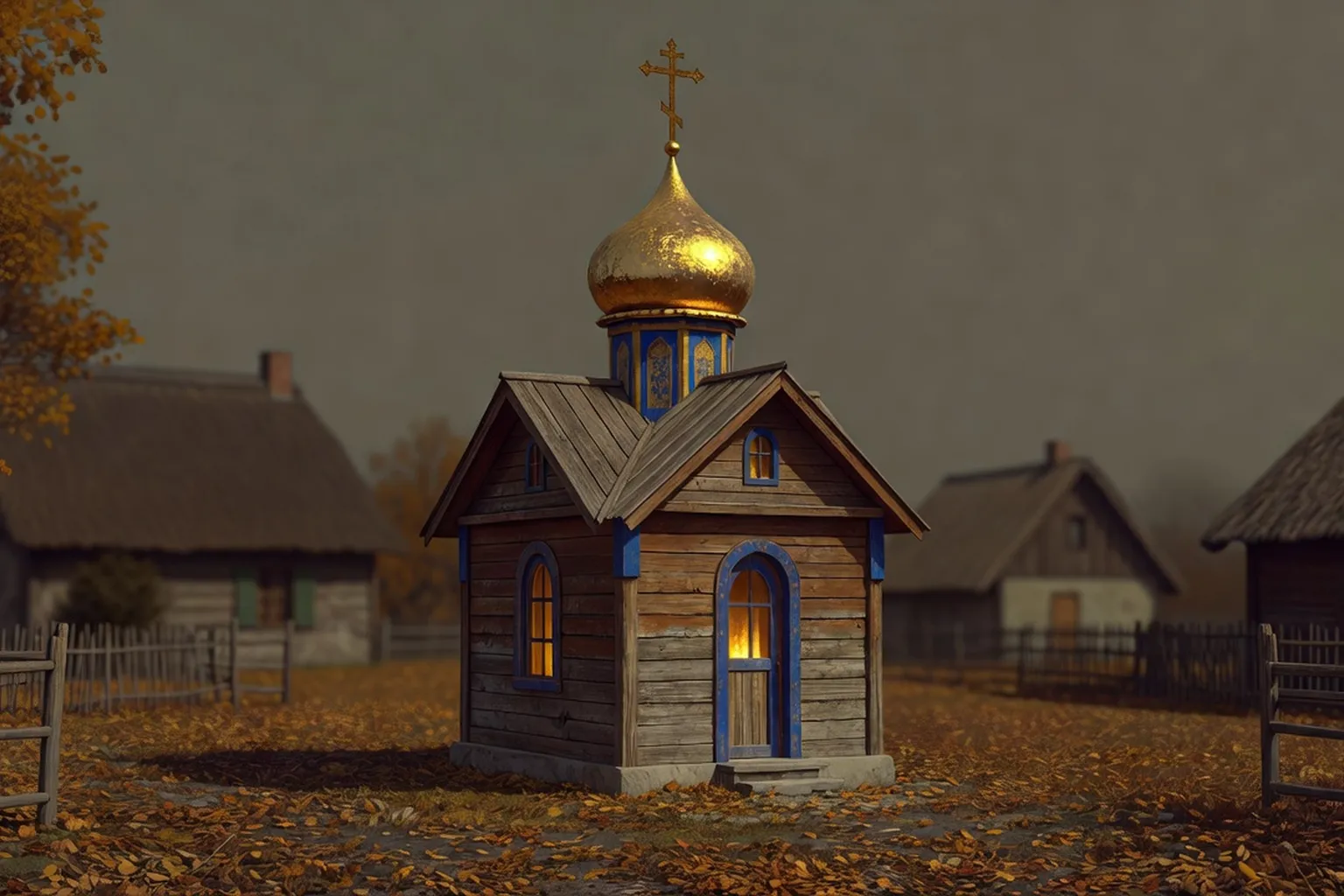 Église en bois Sainte-Trinité de Vésines illuminée par les bougies de la liturgie pascale
