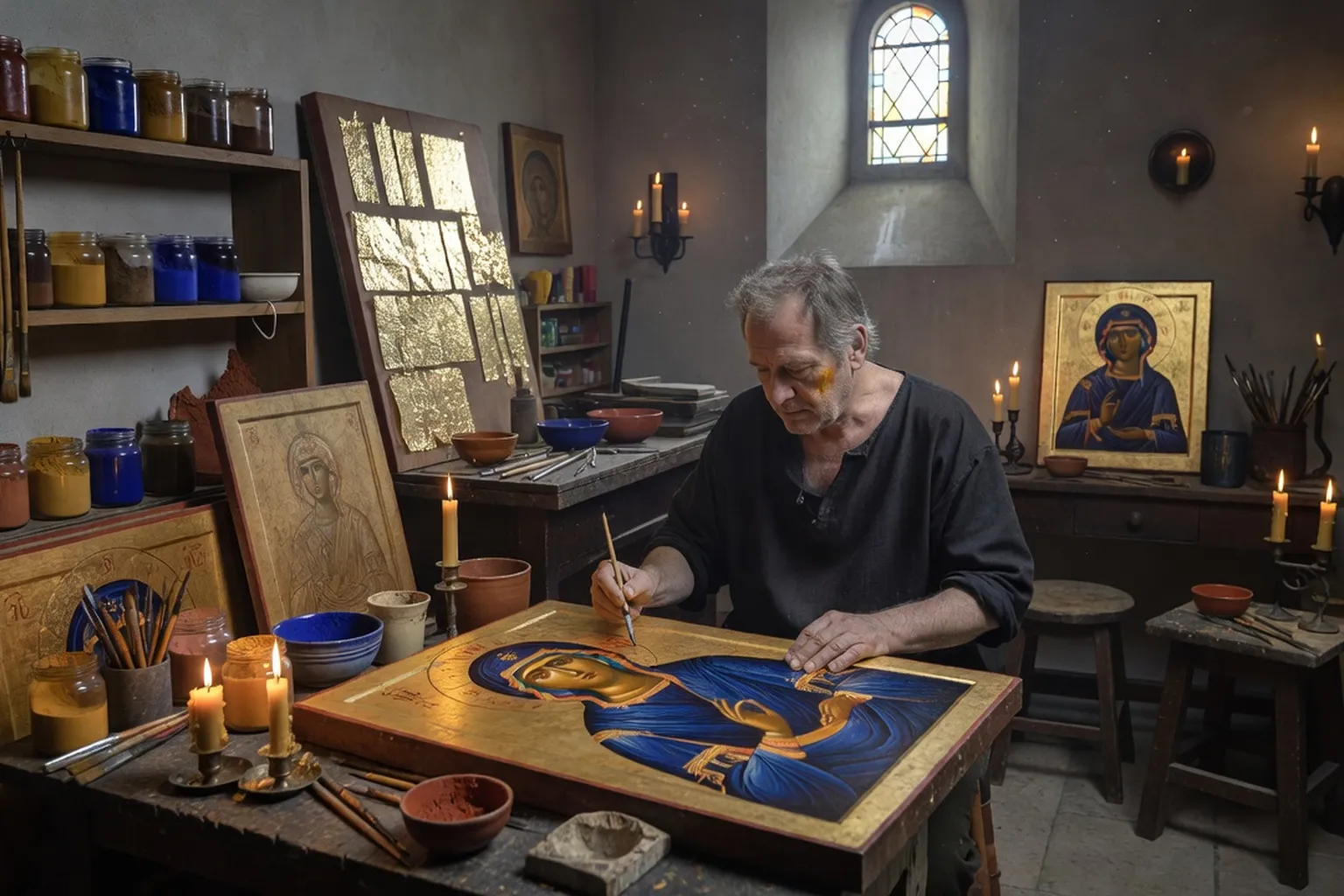Atelier d'iconographie russe en France avec icônes en cours de réalisation sur panneaux de bois dorés à la feuille