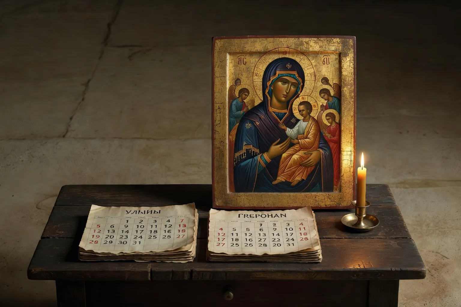 Calendrier julien et grégorien ouverts côte à côte avec bougies et icônes orthodoxes
