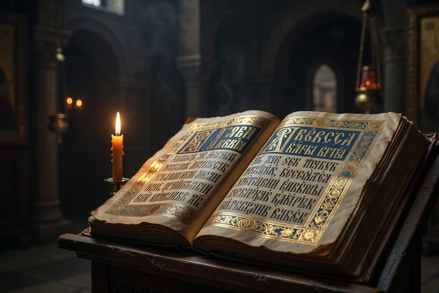 Antimension brodé et reliquaire sur un autel orthodoxe russe en bois sombre