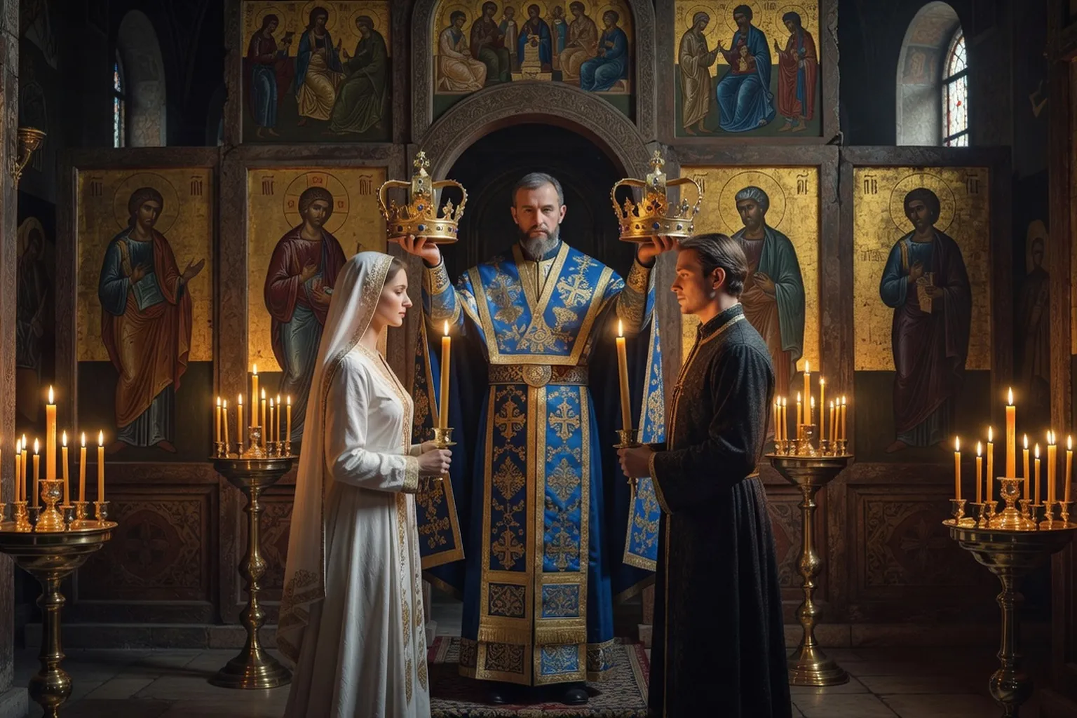 Couple recevant les couronnes nuptiales devant l'iconostase d'une église orthodoxe russe en France