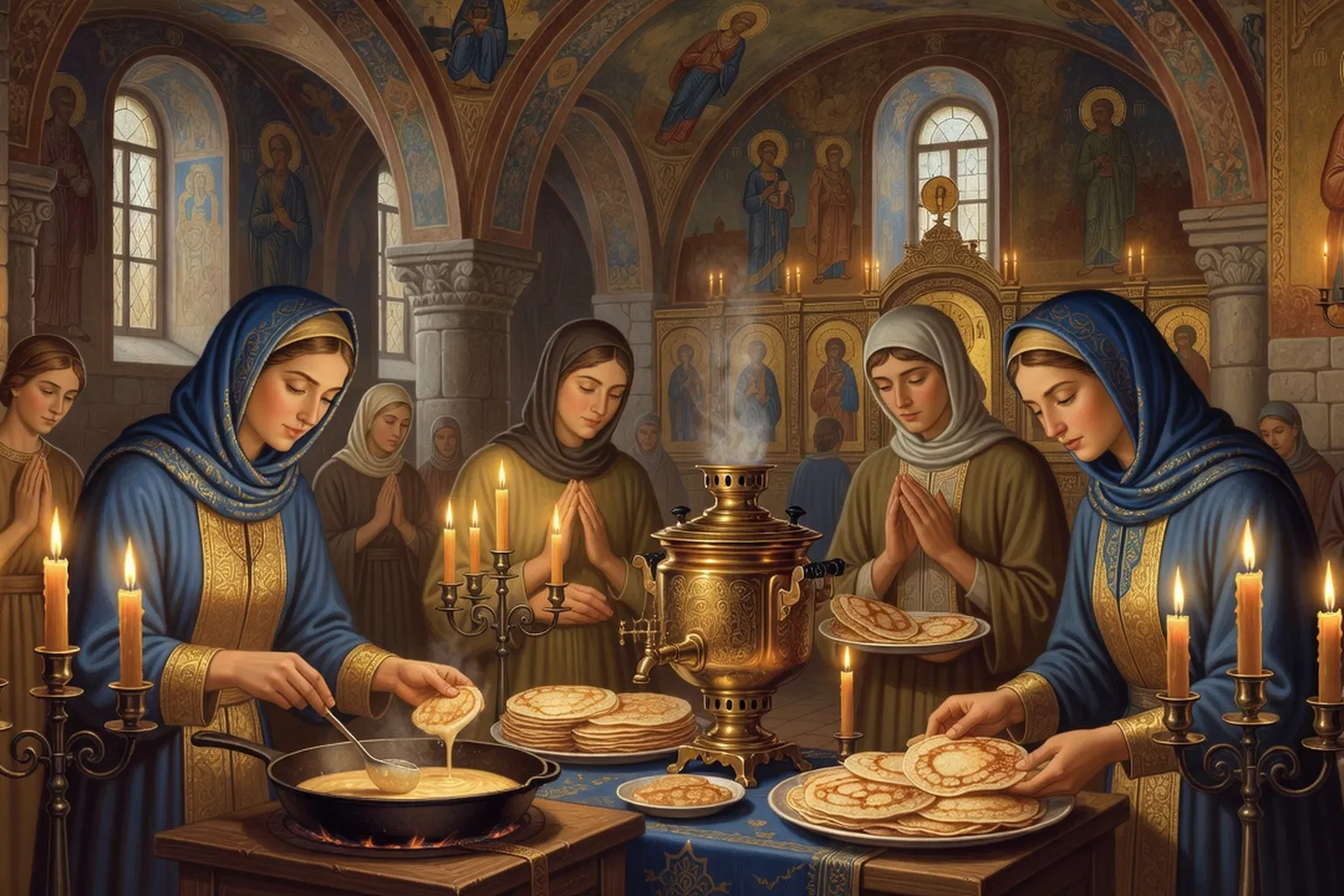 Famille orthodoxe russe partageant des blinis et du miel lors de Maslennitsa devant une iconostase éclairée