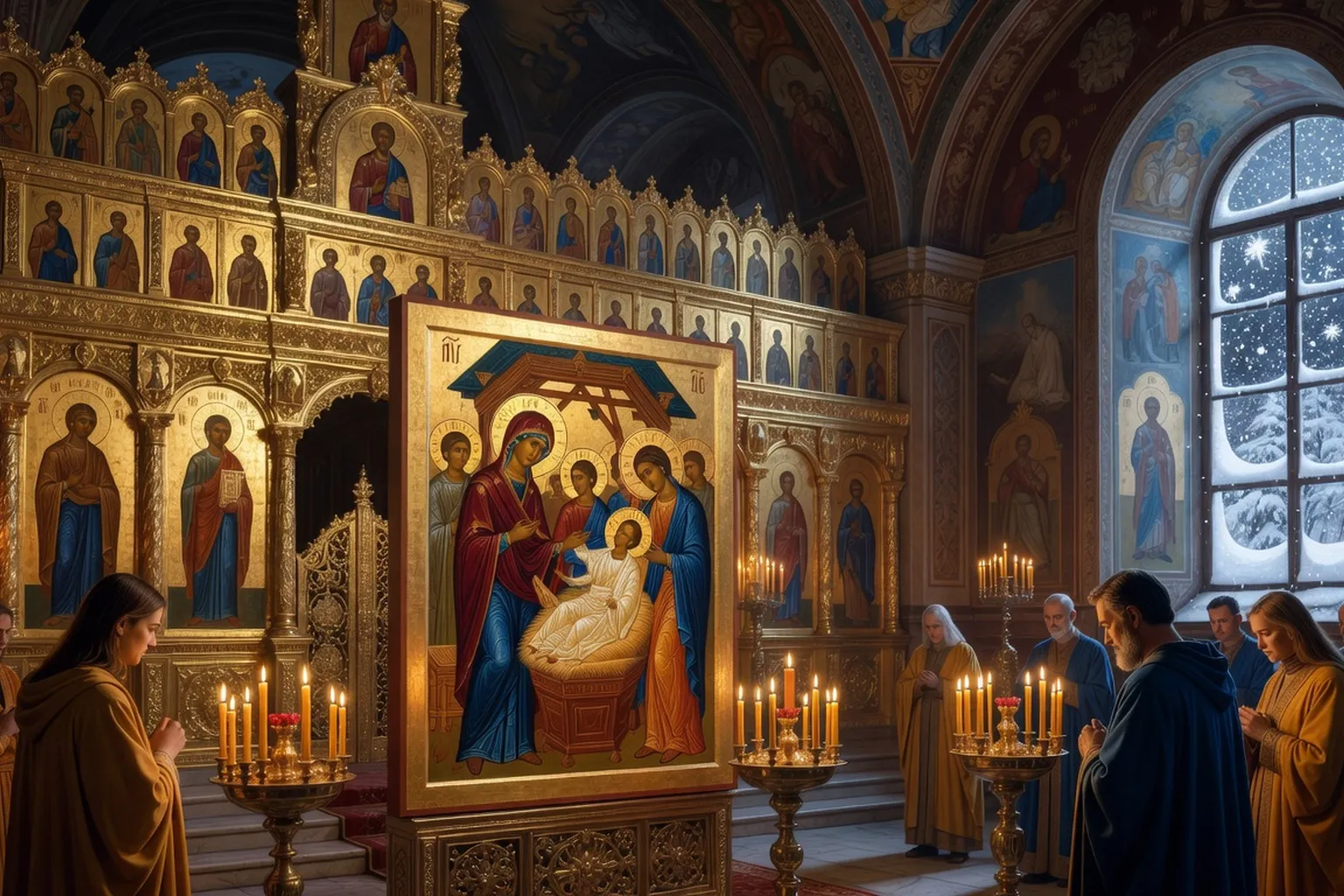 Famille orthodoxe russe partageant la koutia autour d’une table éclairée aux bougies le soir du Sotchelnik