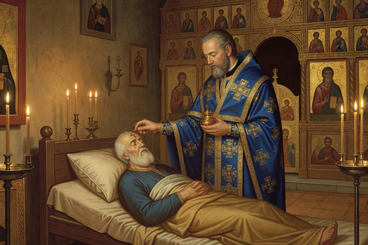 Célébration solennelle de l'onction des malades en église orthodoxe russe avec lévêques et fidèles en prière