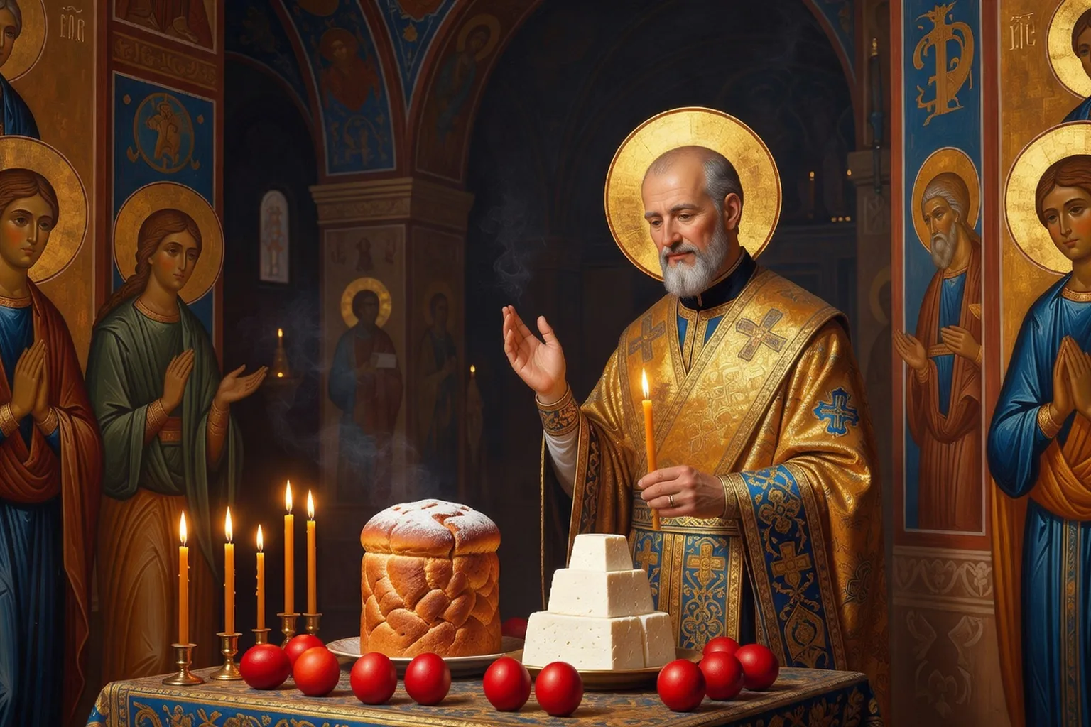Koulitchs dorés ornés de lettres cyrilliques posés sur une nappe blanche pour Pâques orthodoxe