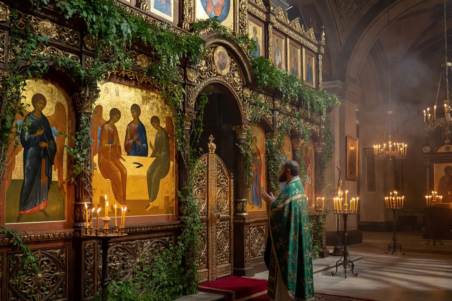 Église orthodoxe russe ornée de verdure pour la Pentecôte avec icônes trinitaires illuminées