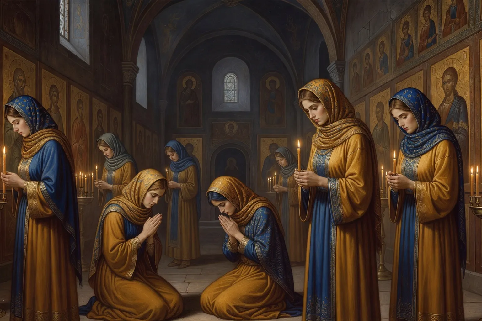 Femme en platok brodé assistant à la Divine Liturgie dans une église orthodoxe russe en France