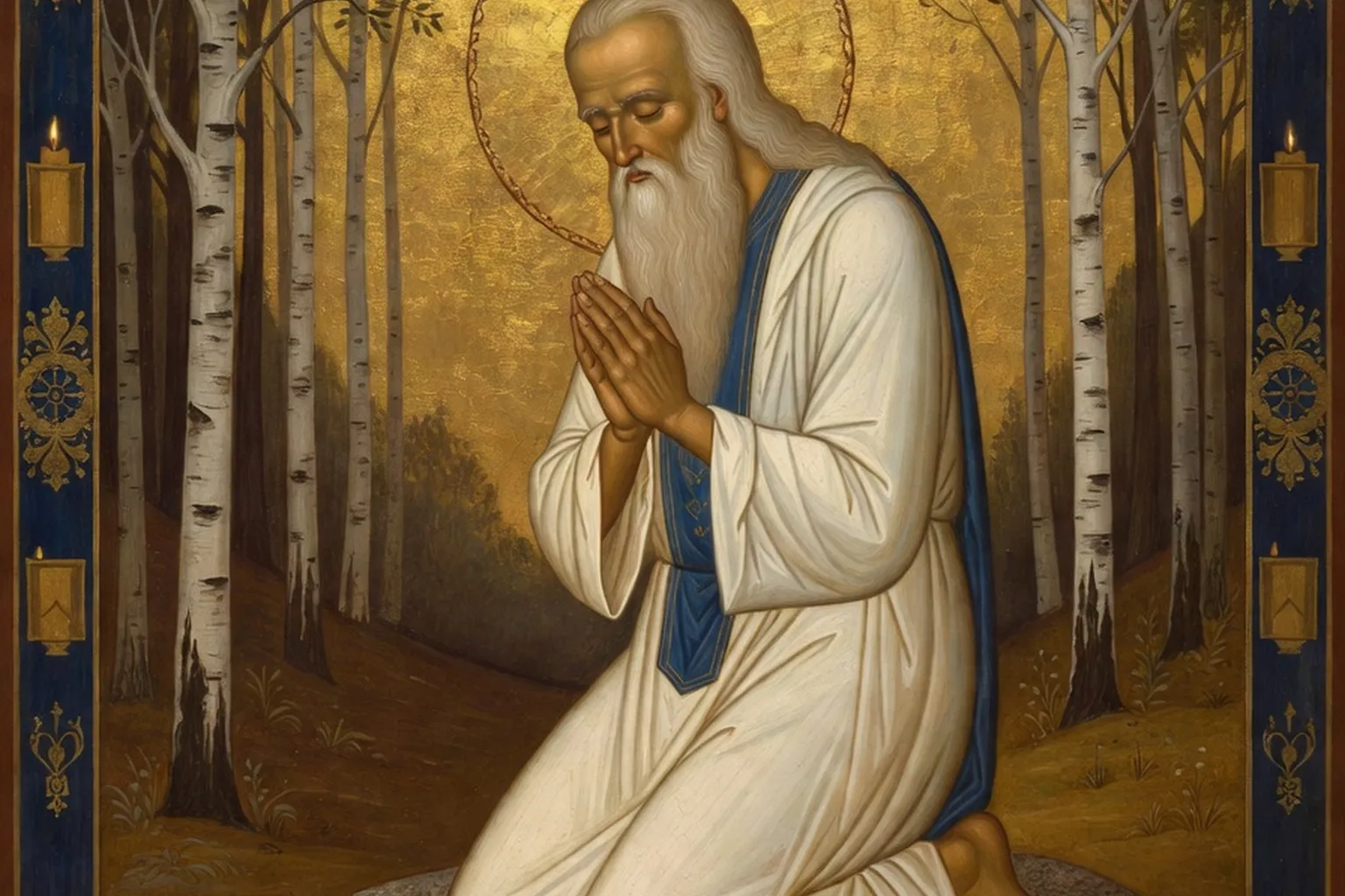 Portrait d’une figure ascétique en tunique monastique, lumière tremblante d’une lampe devant une icône du Christ