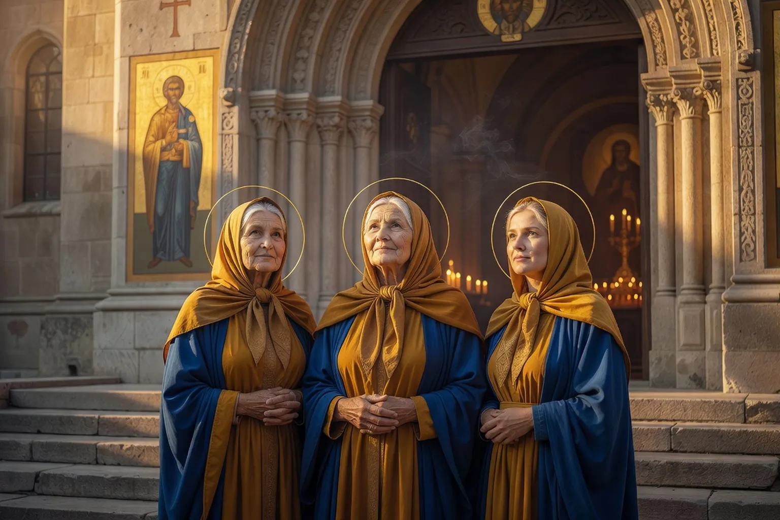Intérieur d'une église orthodoxe russe en France, lors d'une liturgie dominicale avec fidèles de trois générations