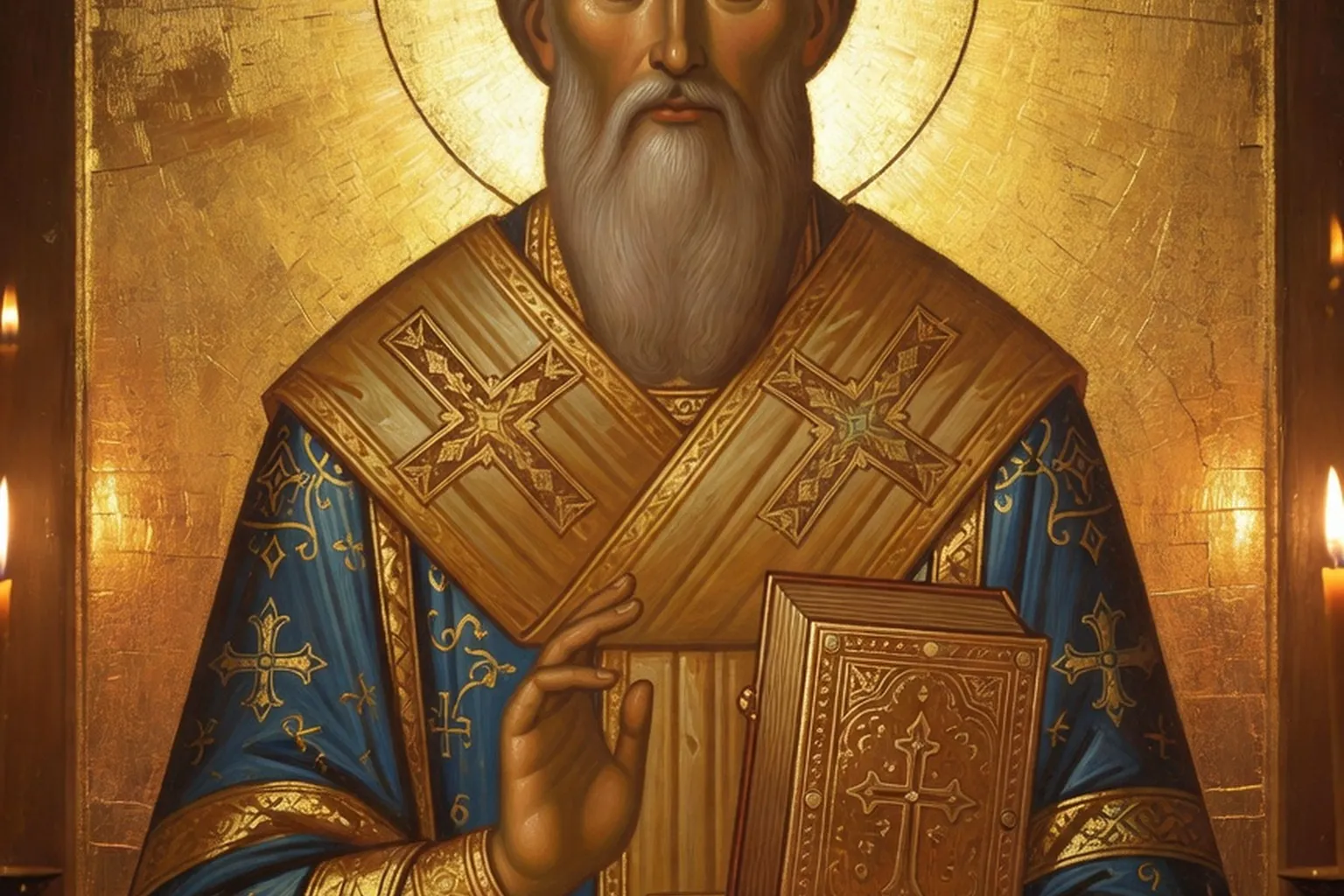Portrait en habit épiscopal de Nikolaï Velimirovic devant une iconostase byzantine dorée