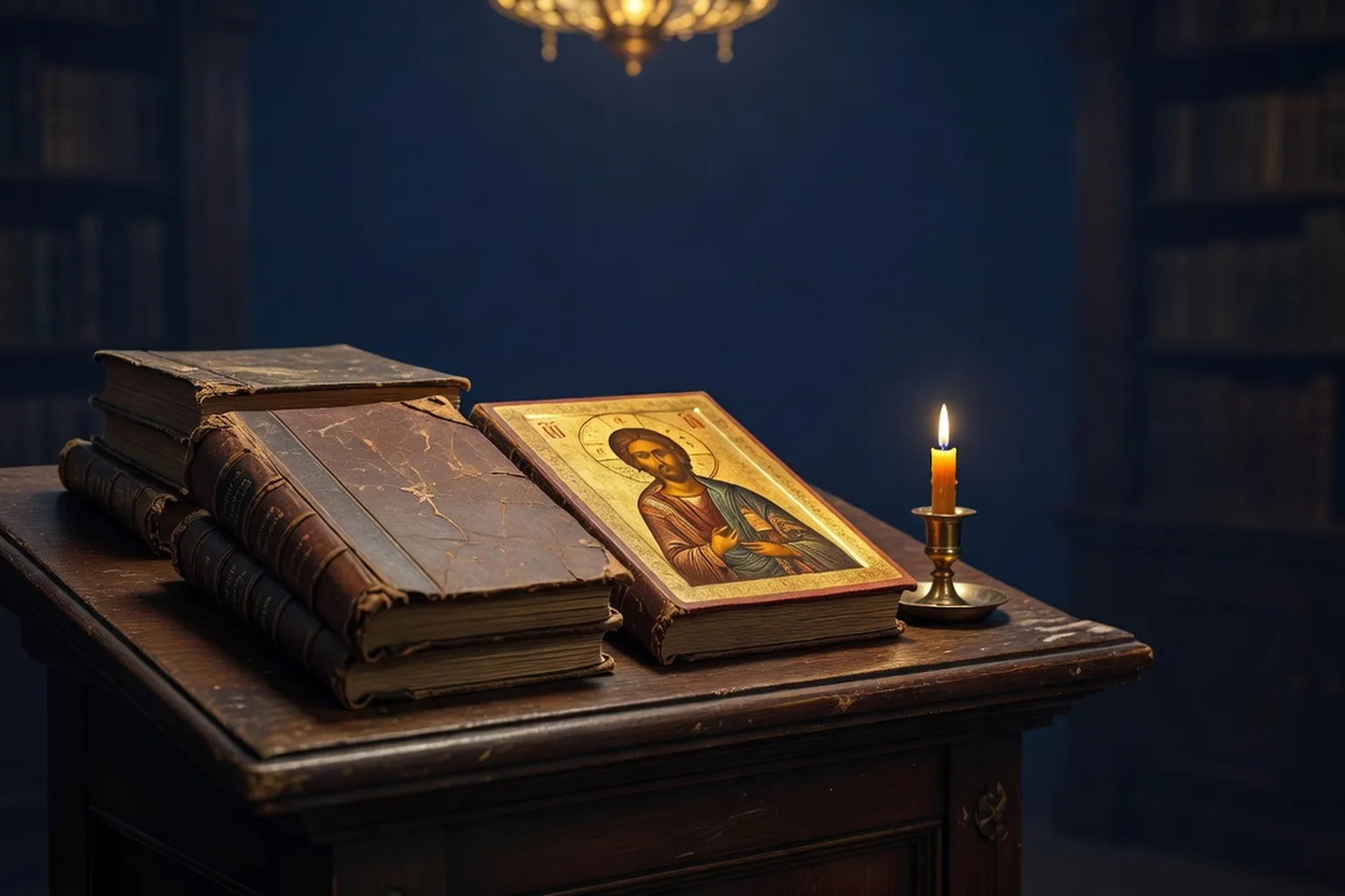 Vue d'une bibliothèque orthodoxe — livres et icônes