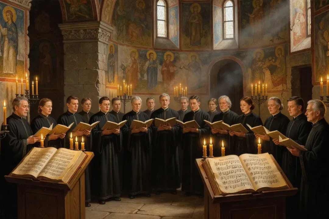 Chorale orthodoxe russe chantant la Liturgie Divine, église avec iconostase dorée, ambiance lumière de cierges