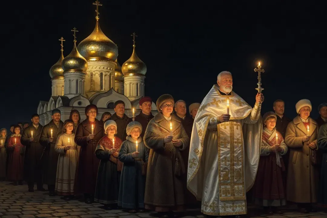 Procession pascale orthodoxe russe la nuit avec cierges allumés, icône de la Résurrection et chants de Pâques