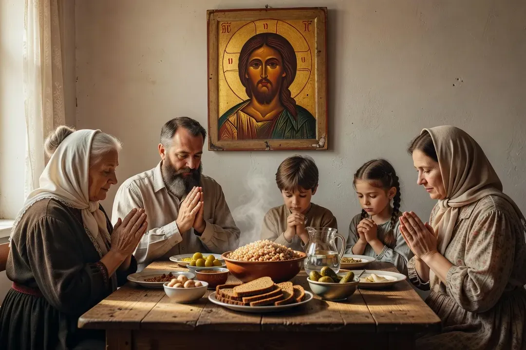 Table simple de jeûne orthodoxe russe avec légumes, légumineuses et pain, ambiance recueillie