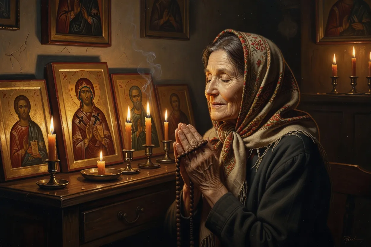 Intérieur d'une église orthodoxe russe avec iconostase dorée et lumière de cierges