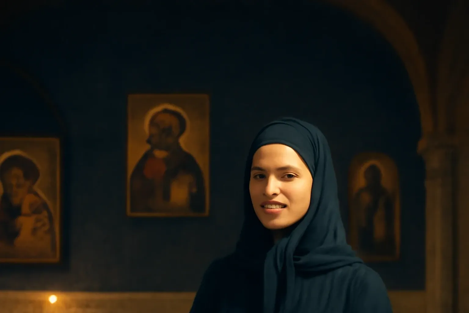 Femme orthodoxe russe portant un foulard blanc allumant un cierge dans une église