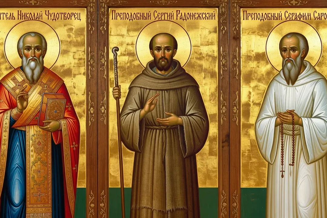 Icônes de saints orthodoxes russes : saint Nicolas, saint Serge de Radonège, saint Séraphim de Sarov, dans une église orthodoxe