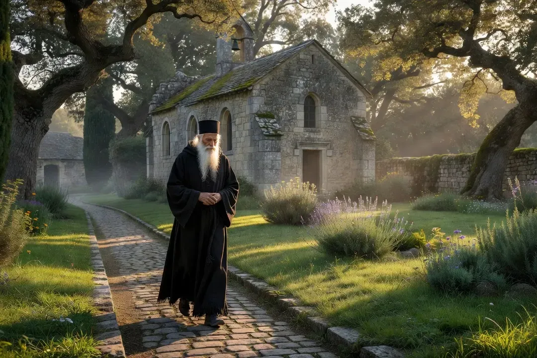Portrait du Père Serge Morozov, moine orthodoxe en riassa noire, dans le couloir d'un monastère avec icône au mur