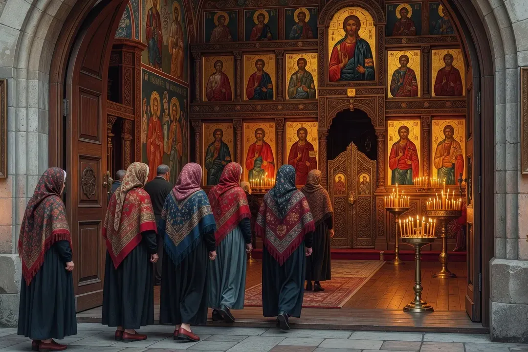 Visiteur entrant respectueusement dans une église orthodoxe russe en France, iconostase dorée visible, ambiance recueillie